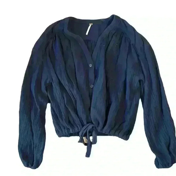 FREE PEOPLE Navy Long Sleeve Boho Blouse Size Small​ - Picture 8 of 8